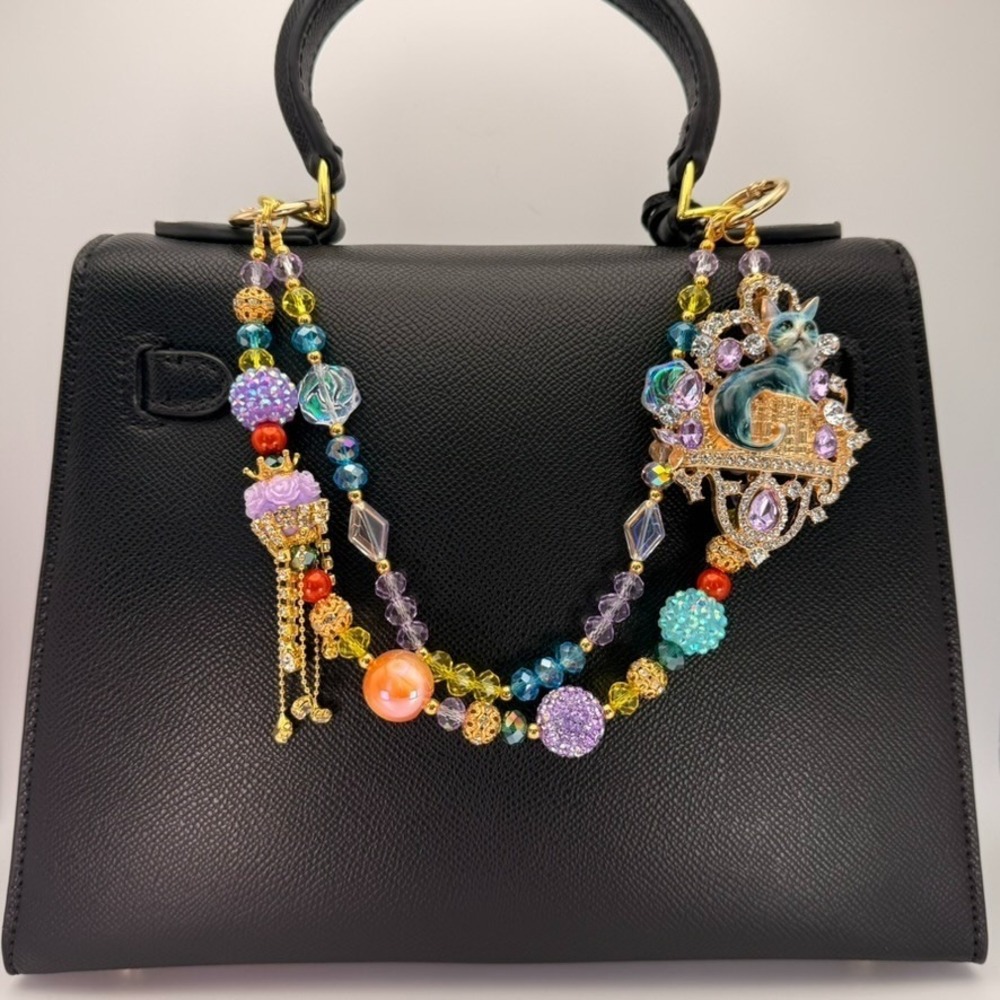 Colorful Cat Purse Chain Bag Charm Crystal Beaded Rhinestone Gold Handbag Charm